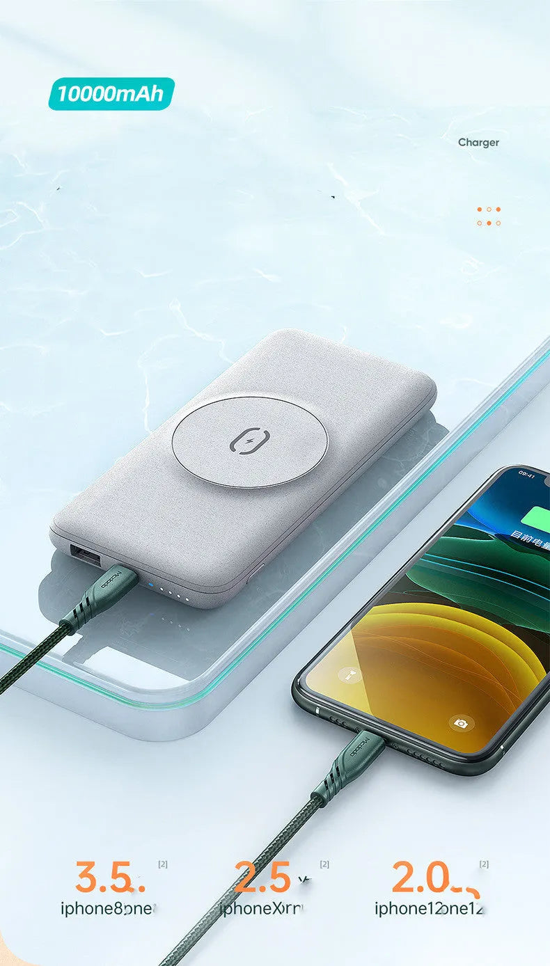 Maiduo MagSafe magnetic wireless power bank in mint green colour showing dimensions 15.5cm × 7.5cm
