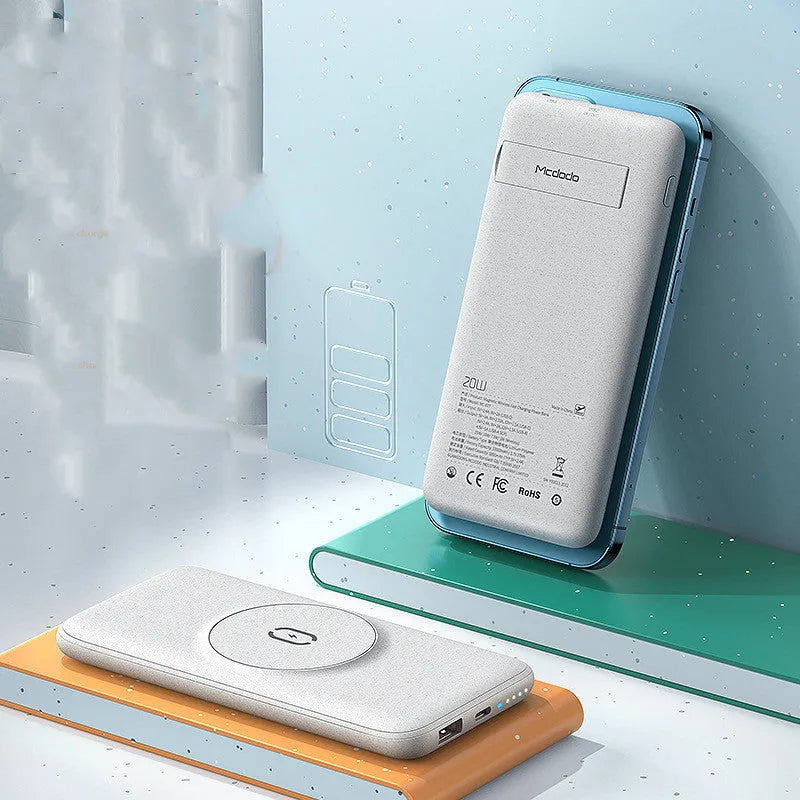 Maiduo MagSafe magnetic wireless power bank in mint green colour showing dimensions 15.5cm × 7.5cm