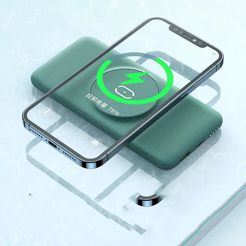 Maiduo MagSafe magnetic wireless power bank in mint green colour showing dimensions 15.5cm × 7.5cm