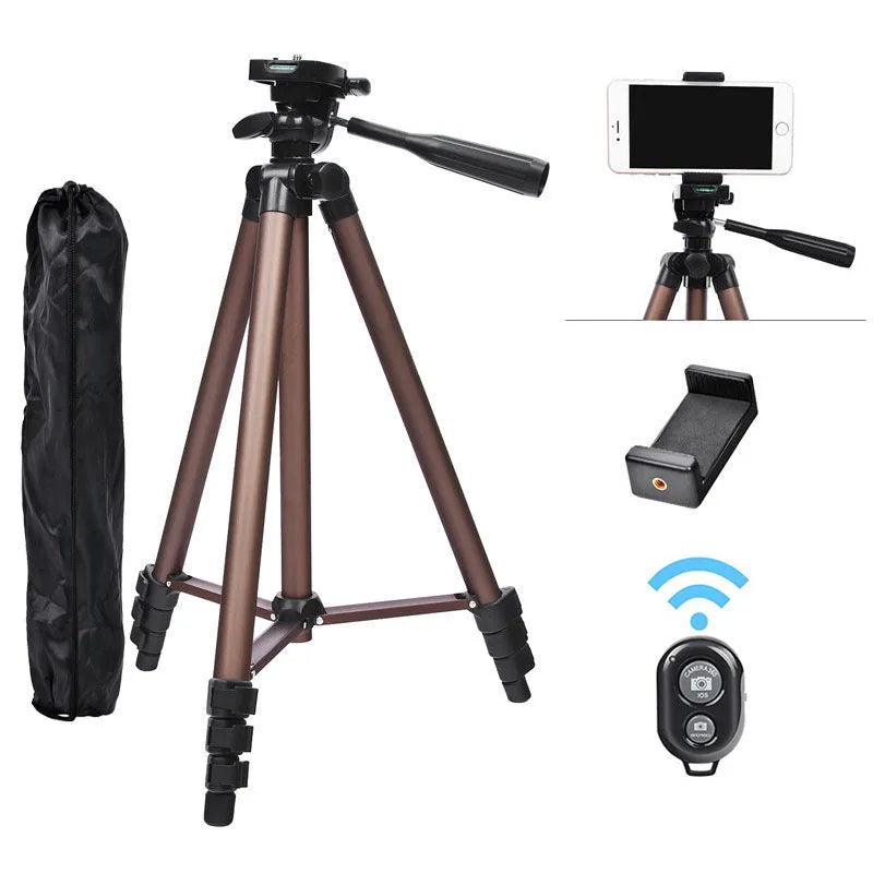 Black aluminium alloy tripod extended to 1.3 metres with Bluetooth remote and mobile phone holder on hydraulic pan-tilt head