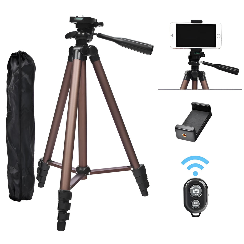 Black aluminium alloy tripod extended to 1.3 metres with Bluetooth remote and mobile phone holder on hydraulic pan-tilt head