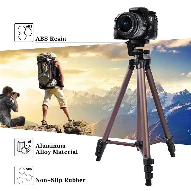 Black aluminium alloy tripod extended to 1.3 metres with Bluetooth remote and mobile phone holder on hydraulic pan-tilt head