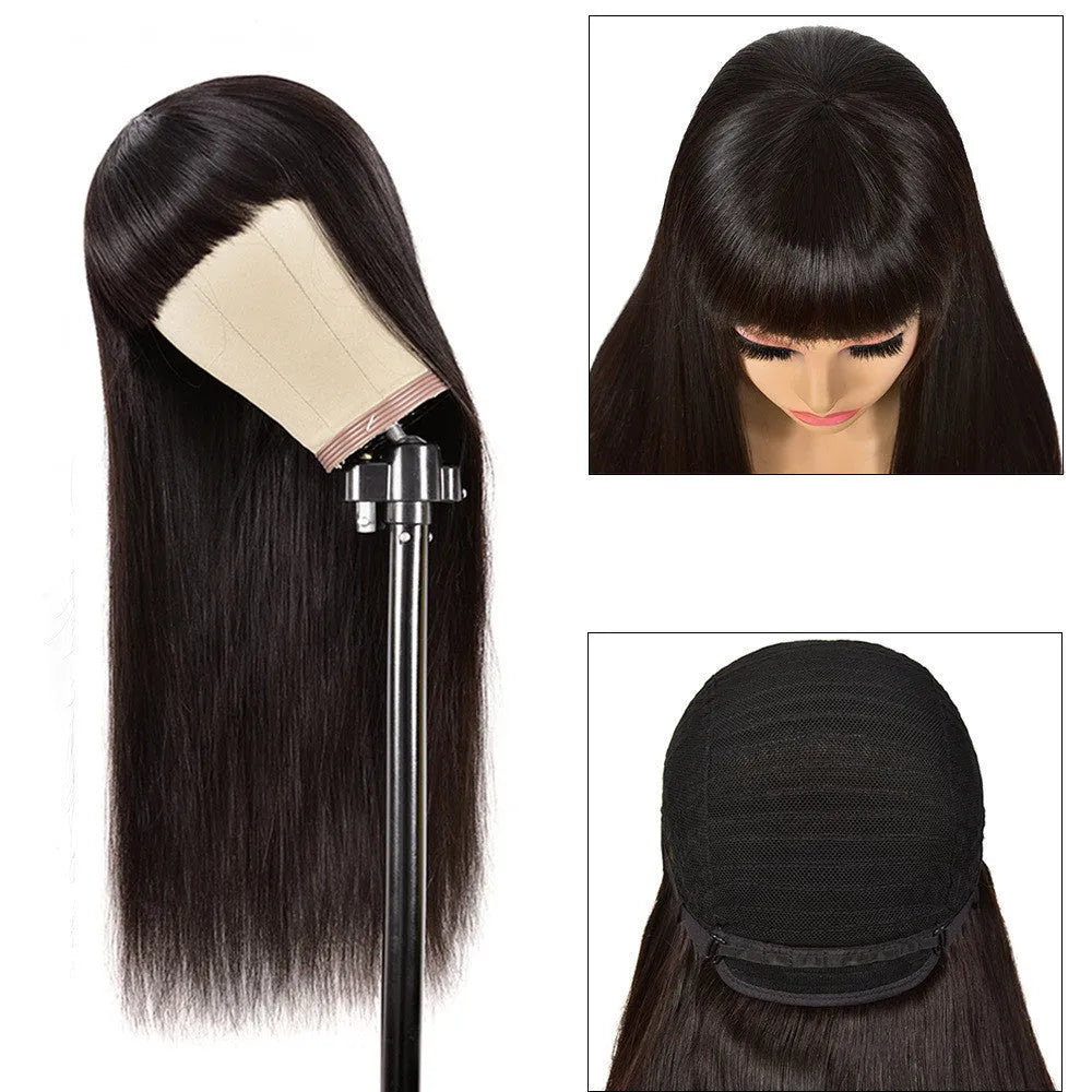 Real human hair Qi bangs wig in black, mechanism construction, star fashion style