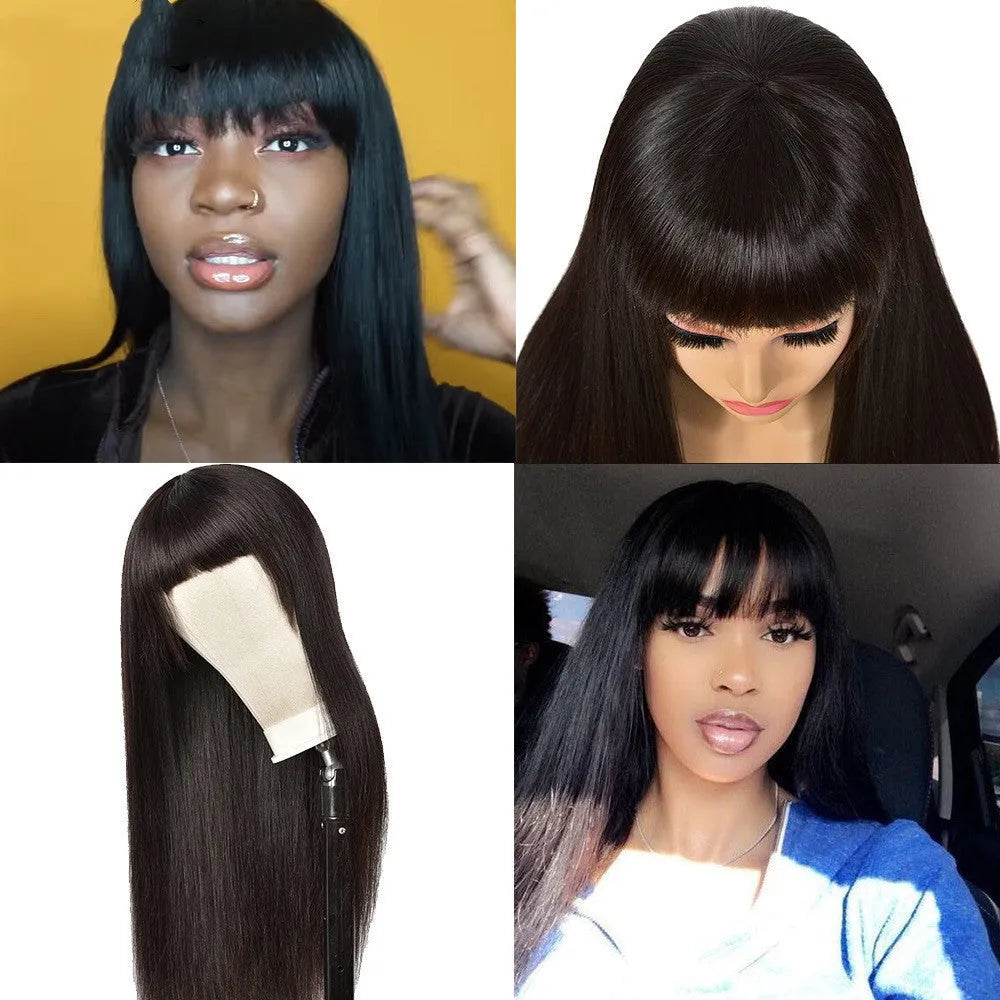 Real human hair Qi bangs wig in black, mechanism construction, star fashion style