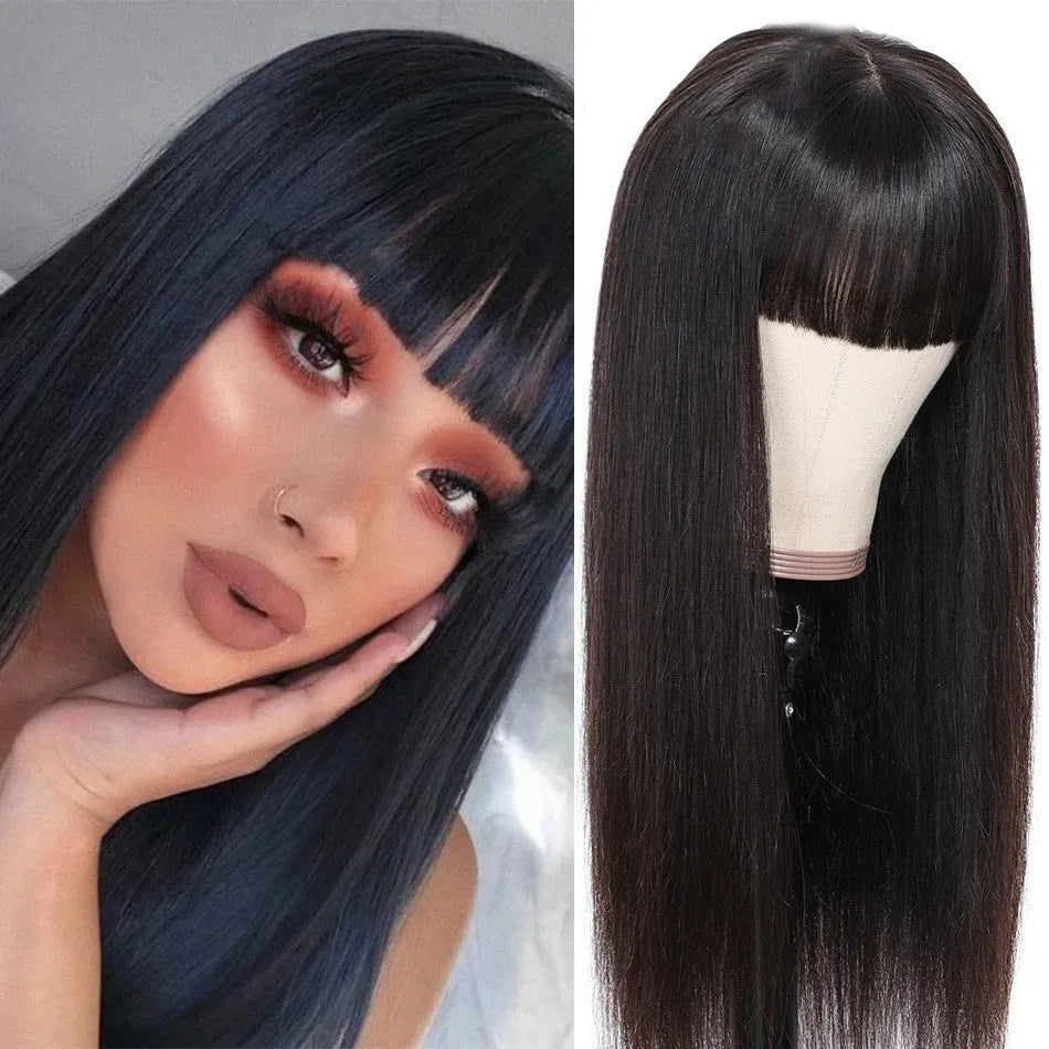 Real human hair Qi bangs wig in black, mechanism construction, star fashion style