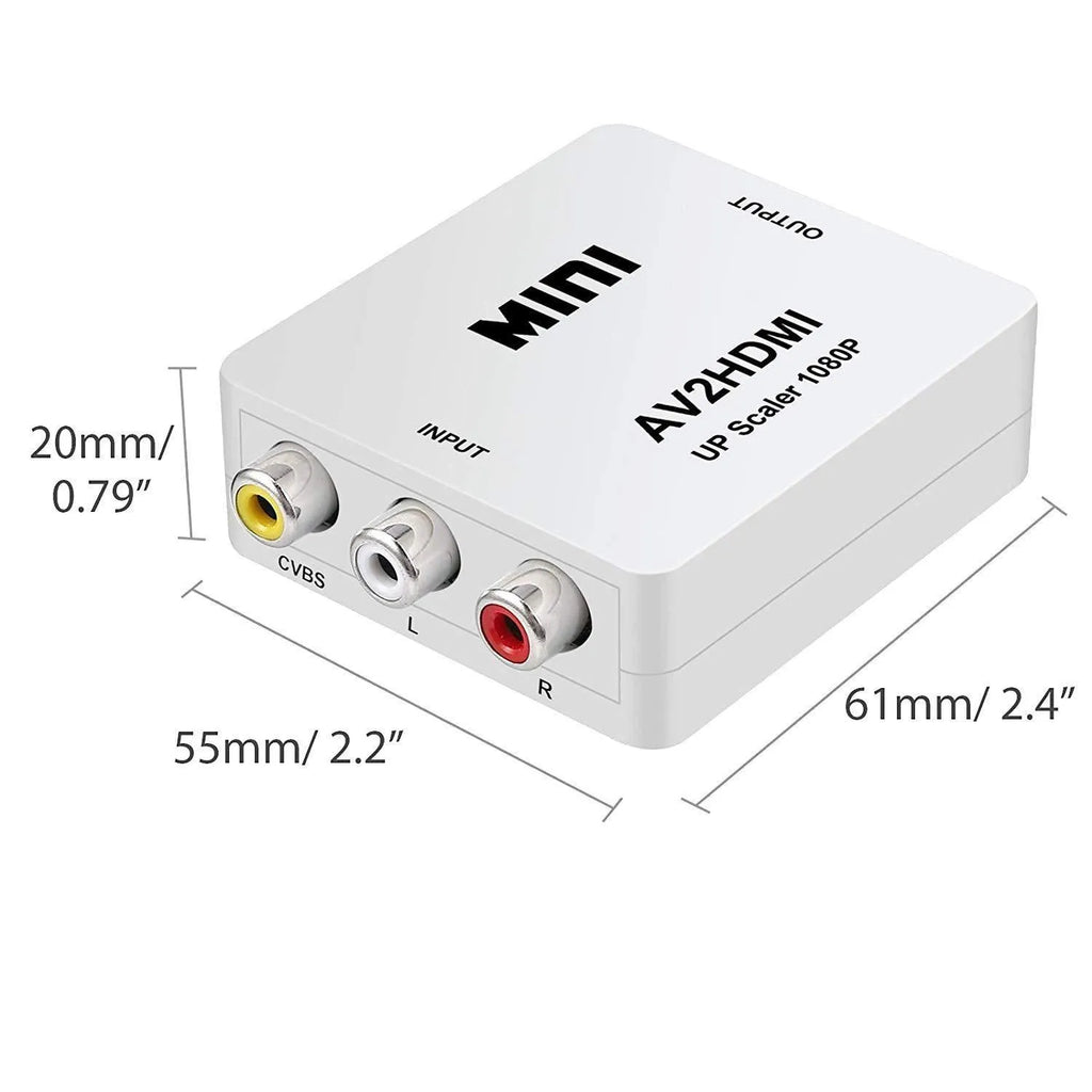 Mini black AV to HDMI converter with 0.5 metre cable connecting composite RCA cables to HDMI port