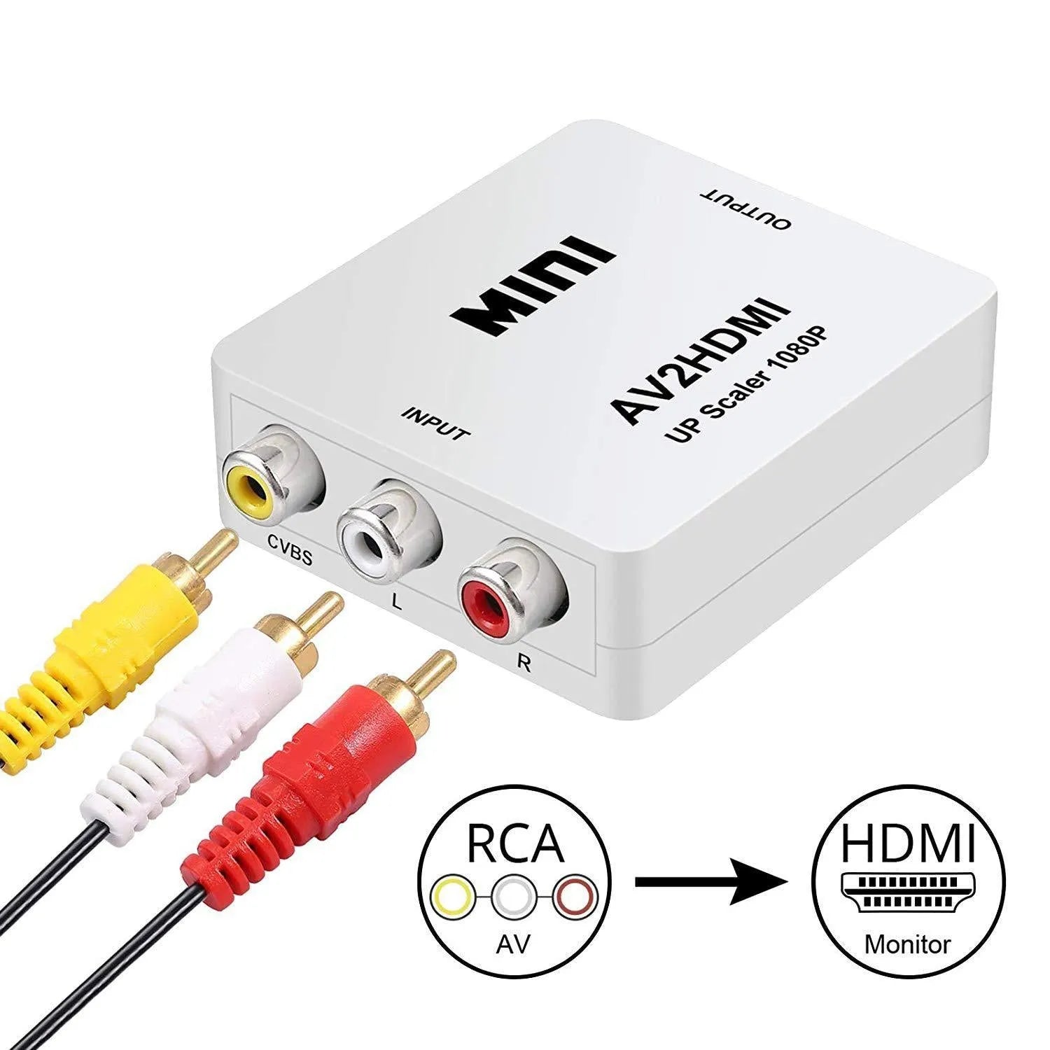 Mini black AV to HDMI converter with 0.5 metre cable connecting composite RCA cables to HDMI port