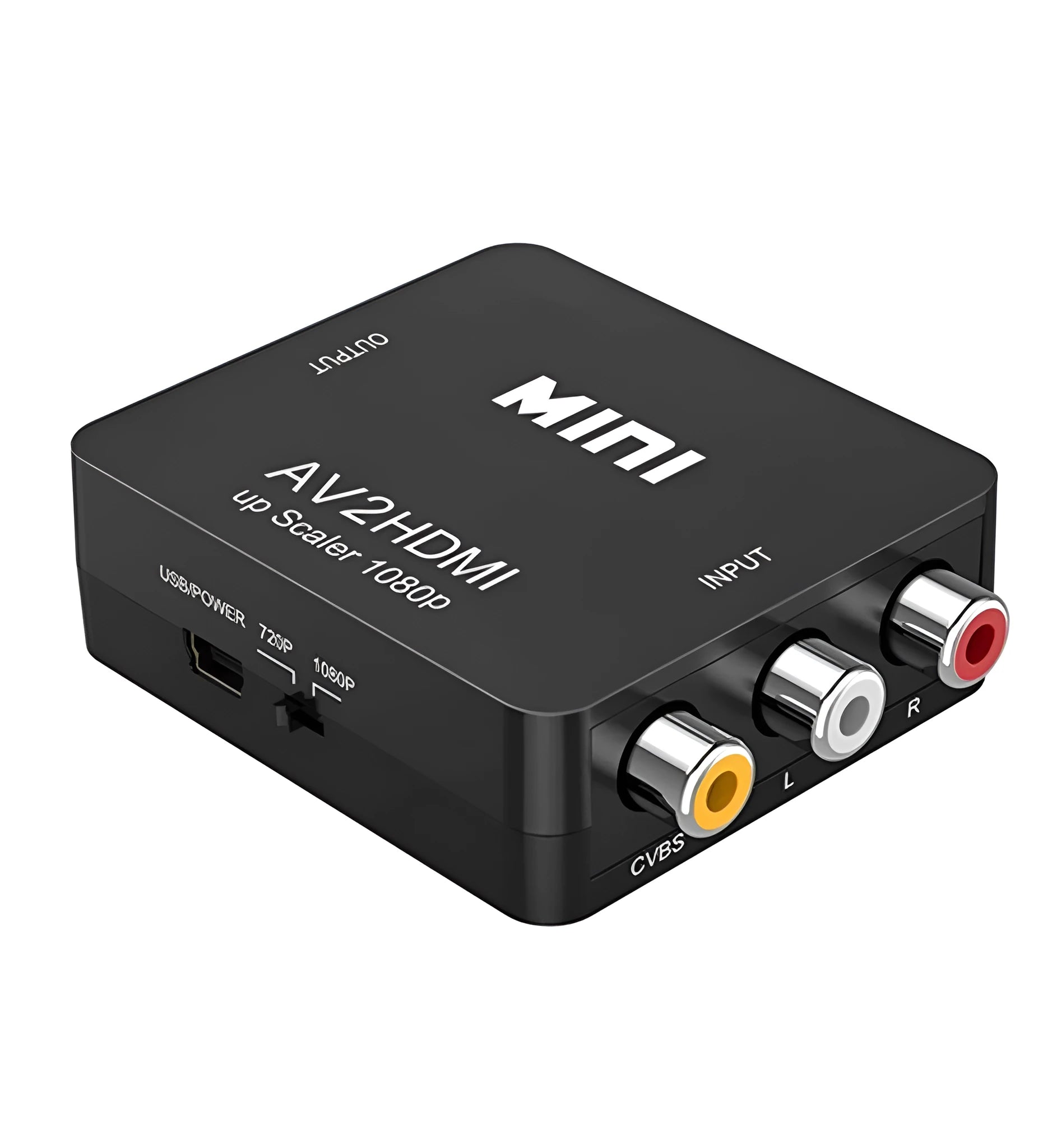 Mini black AV to HDMI converter with 0.5 metre cable connecting composite RCA cables to HDMI port