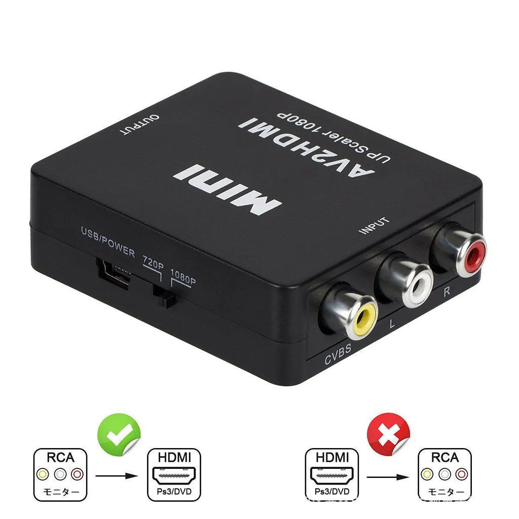 Mini black AV to HDMI converter with 0.5 metre cable connecting composite RCA cables to HDMI port