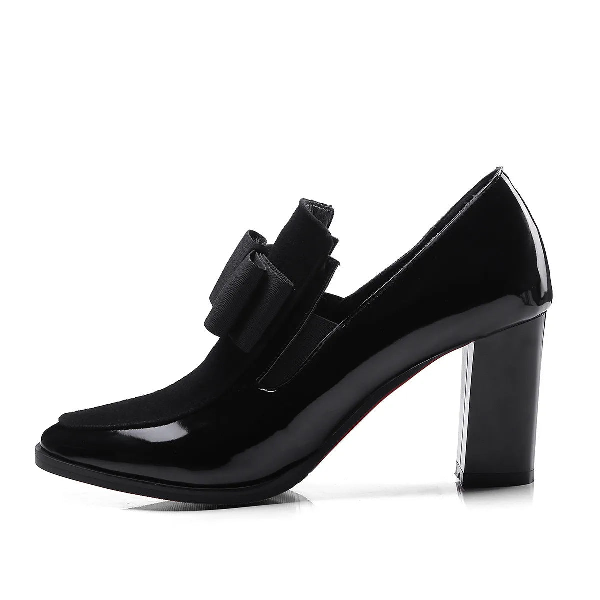 Black patent leather women's high heels with a thick super high heel and square toe on a plain background.