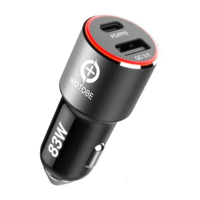 83W fast dual-port car charger with USB-C PD and QC3.0 ports for Apple MacBooks and Samsung phones