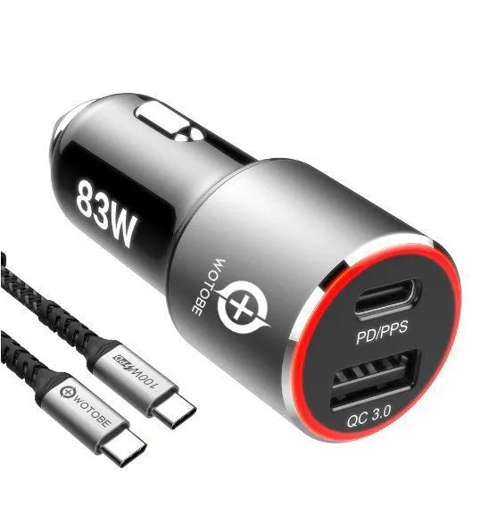 83W fast dual-port car charger with USB-C PD and QC3.0 ports for Apple MacBooks and Samsung phones