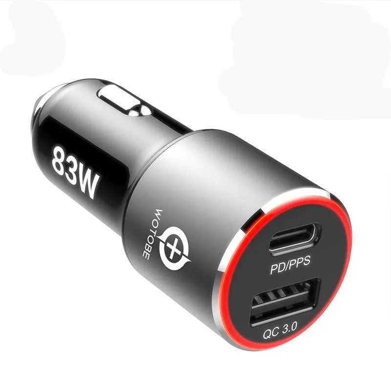 83W fast dual-port car charger with USB-C PD and QC3.0 ports for Apple MacBooks and Samsung phones