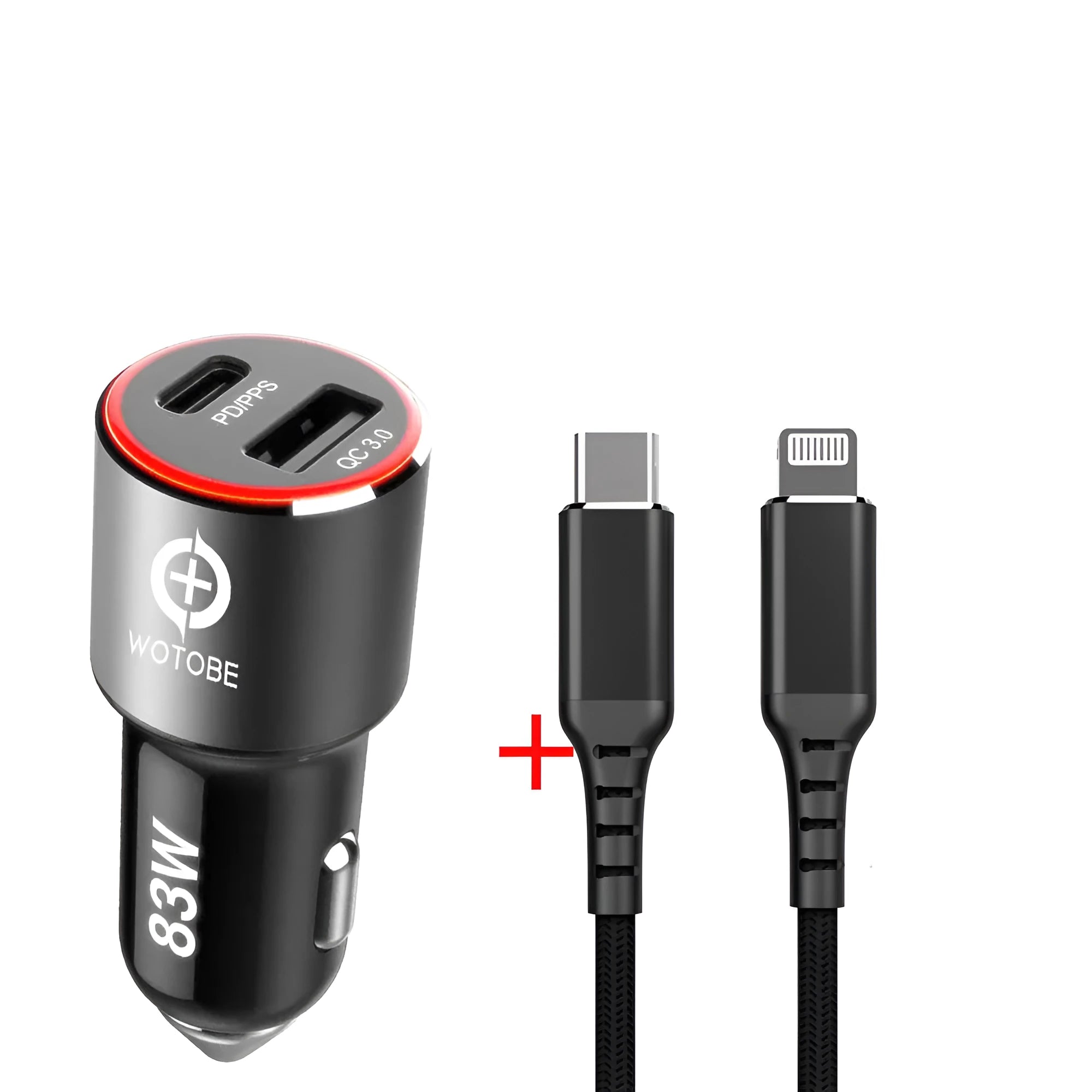 83W fast dual-port car charger with USB-C PD and QC3.0 ports for Apple MacBooks and Samsung phones
