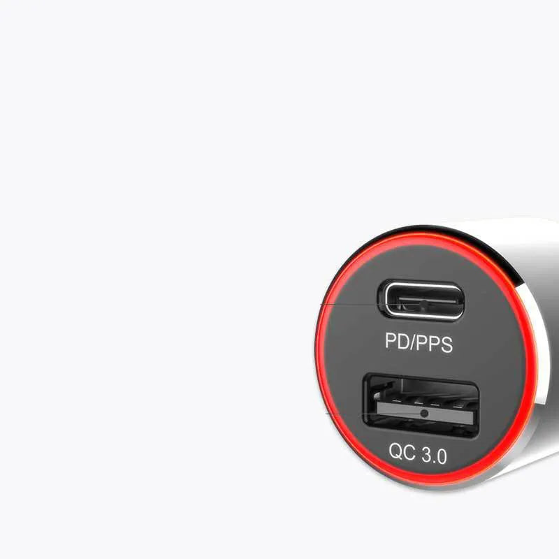 83W fast dual-port car charger with USB-C PD and QC3.0 ports for Apple MacBooks and Samsung phones