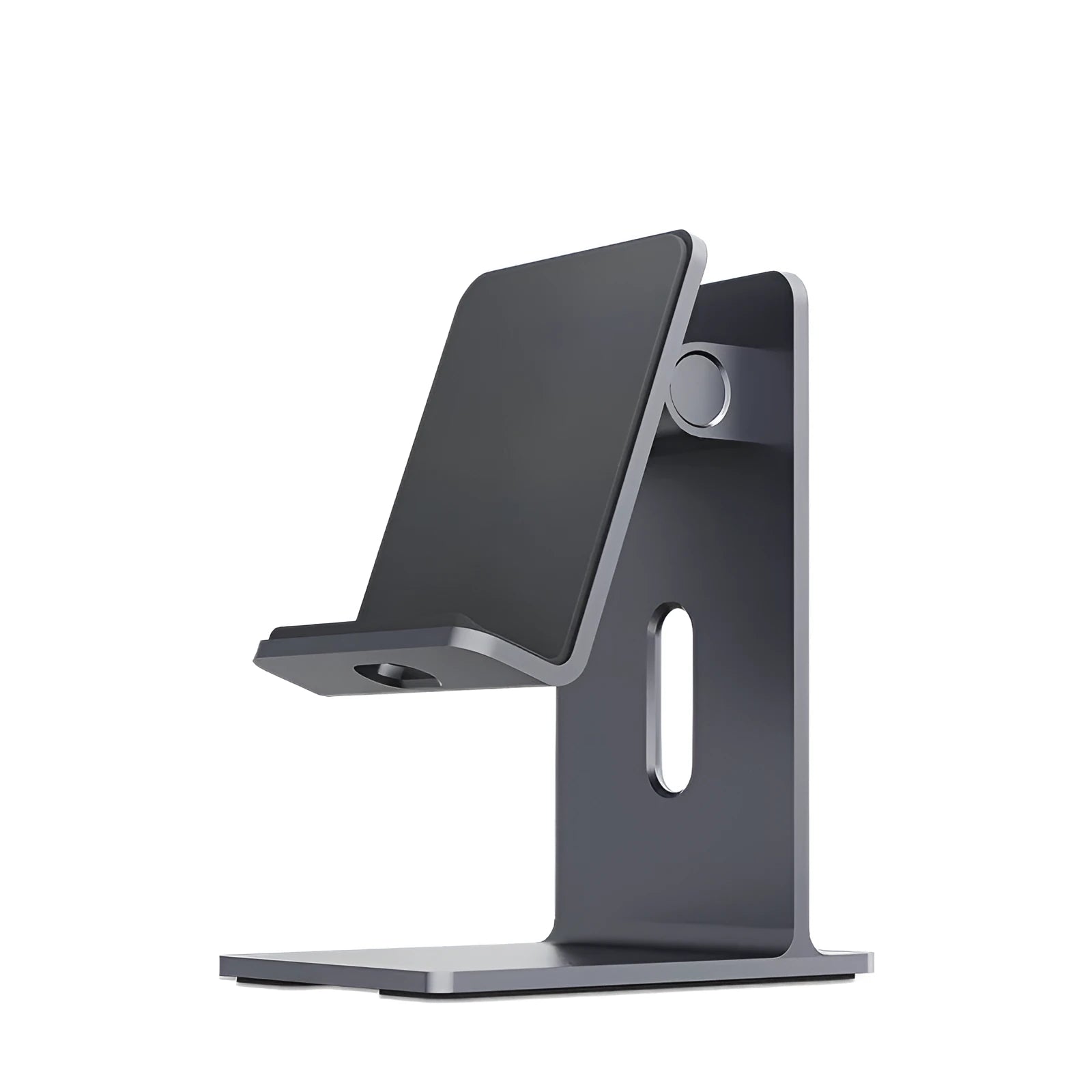 Alloy mobile phone and tablet holder with lazy bracket design for desktop use in dark grey or silver