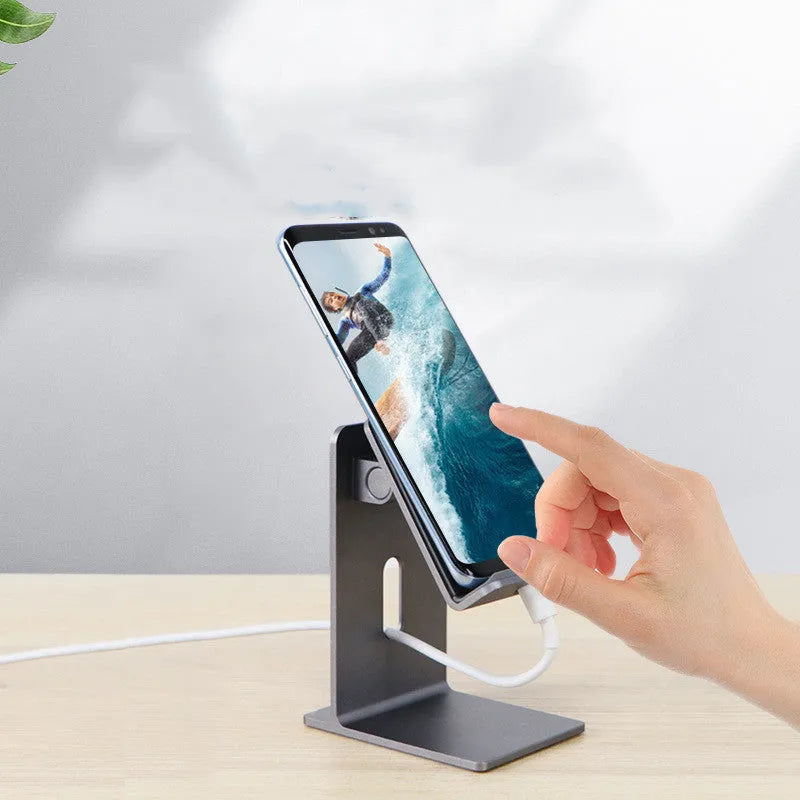 Alloy mobile phone and tablet holder with lazy bracket design for desktop use in dark grey or silver