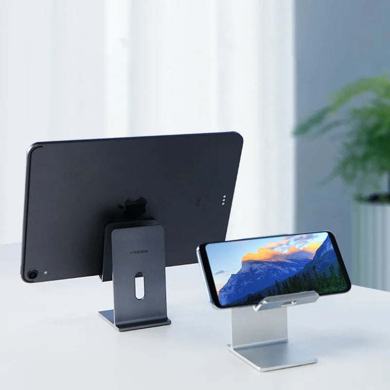 Alloy mobile phone and tablet holder with lazy bracket design for desktop use in dark grey or silver