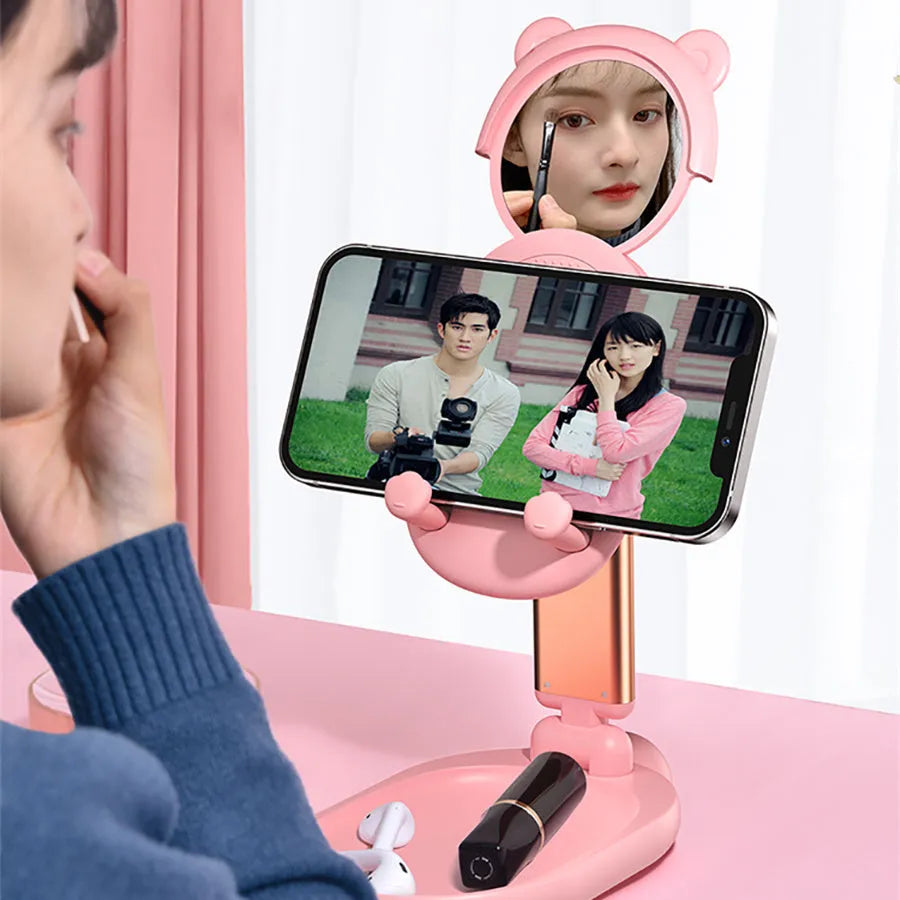 Adjustable foldable desk phone holder and tablet stand with mirror, non-slip base, blue colour