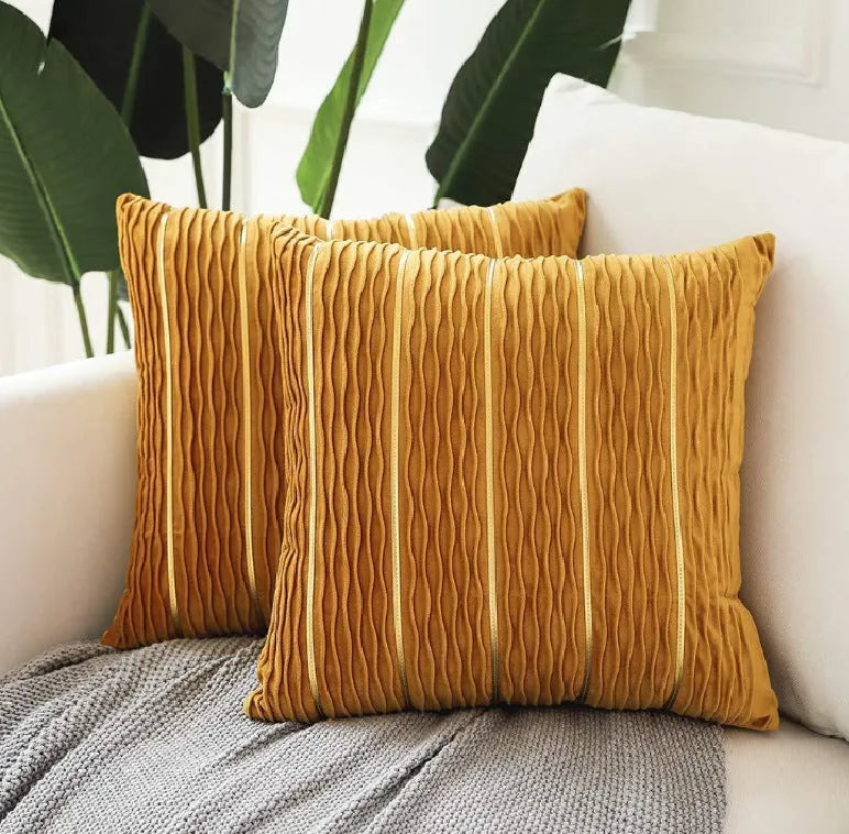 Plush velvet cushion cover in stripe pattern, 45x45cm, available in multiple colours for sofa use.