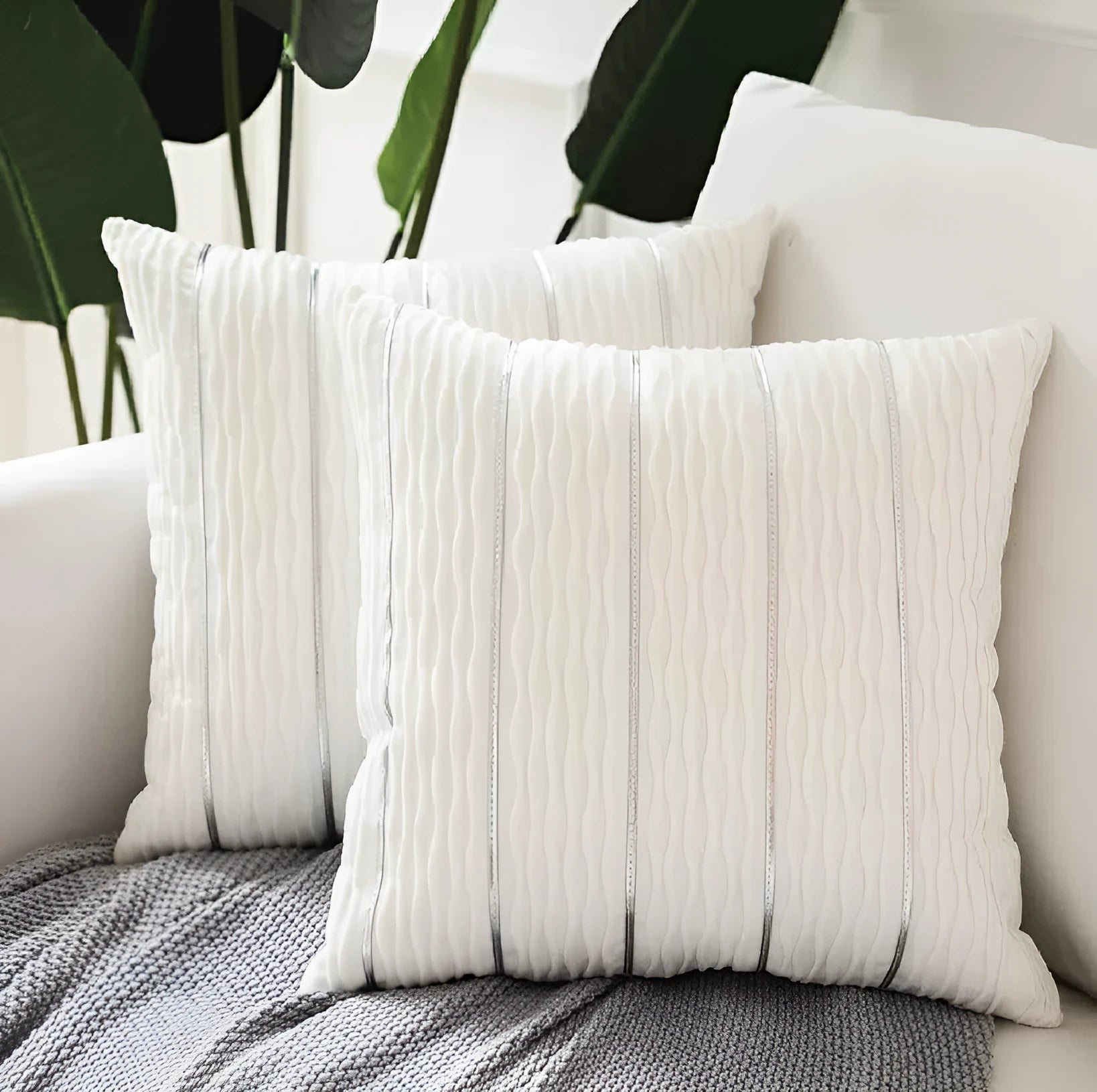 Plush velvet cushion cover in stripe pattern, 45x45cm, available in multiple colours for sofa use.