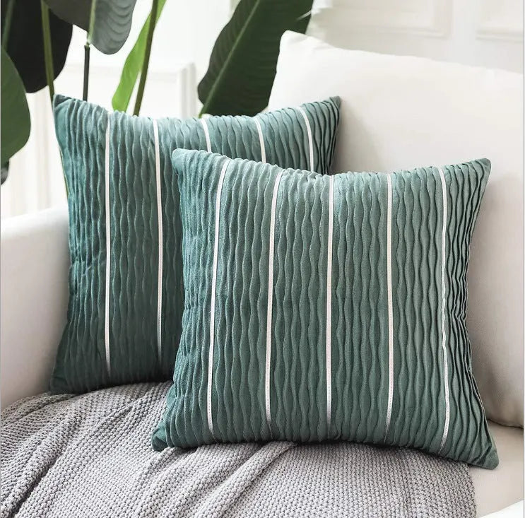 Plush velvet cushion cover in stripe pattern, 45x45cm, available in multiple colours for sofa use.
