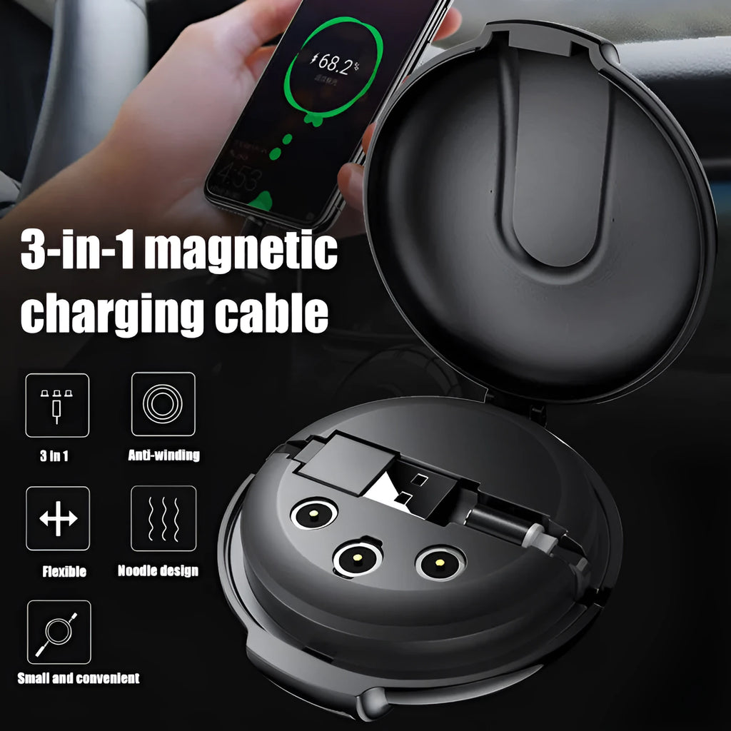 3-in-1 magnetic retractable style charger in black with 1m cable for universal phone charging