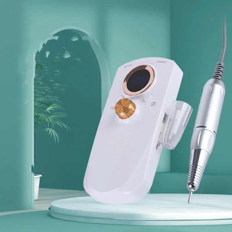 White rechargeable nail polisher portable electric drill for natural and artificial nails with speed control buttons