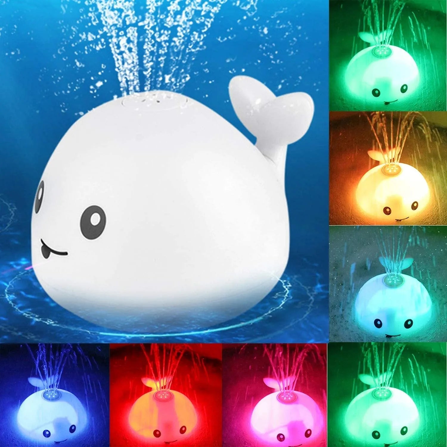 White and blue electric whale bath toy spraying water with lights on a base.