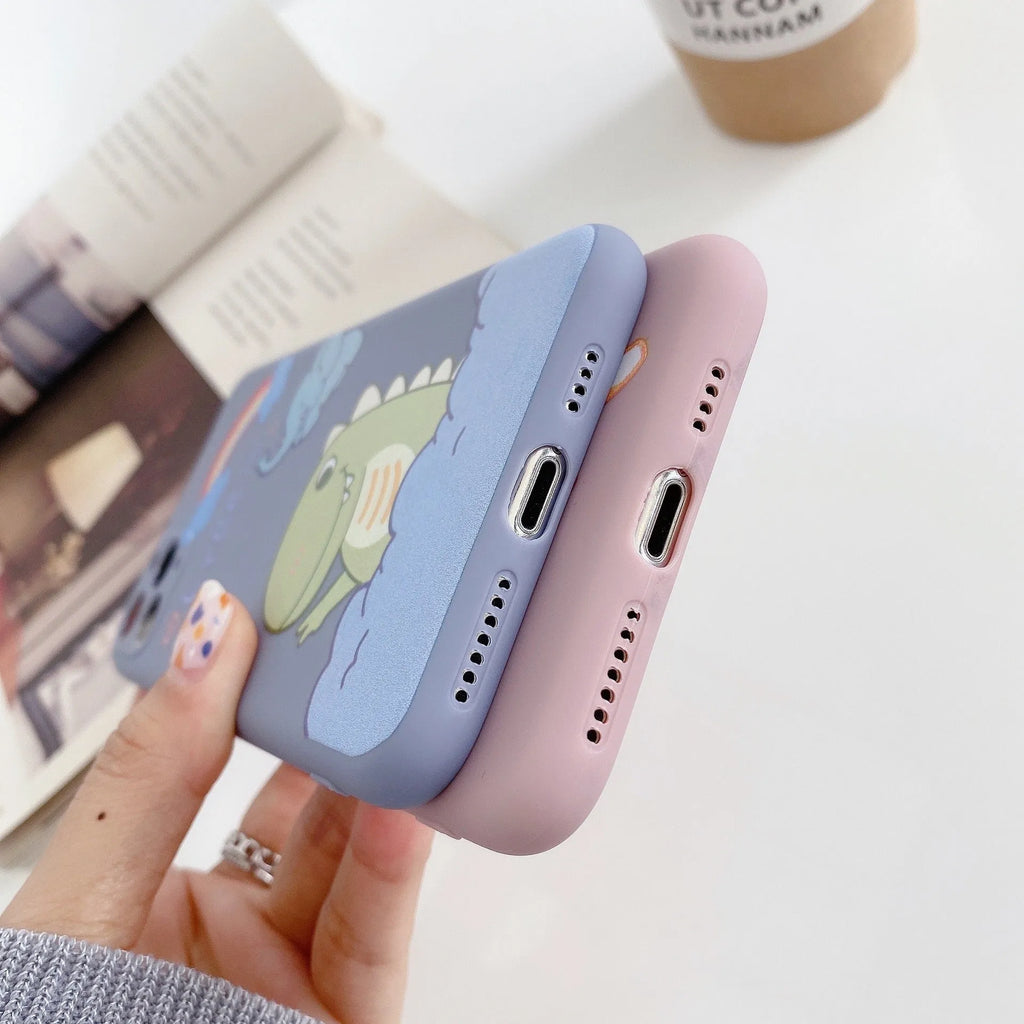 Cartoon dinosaur TPU soft shell phone case for iPhone, frosted back cover in blue