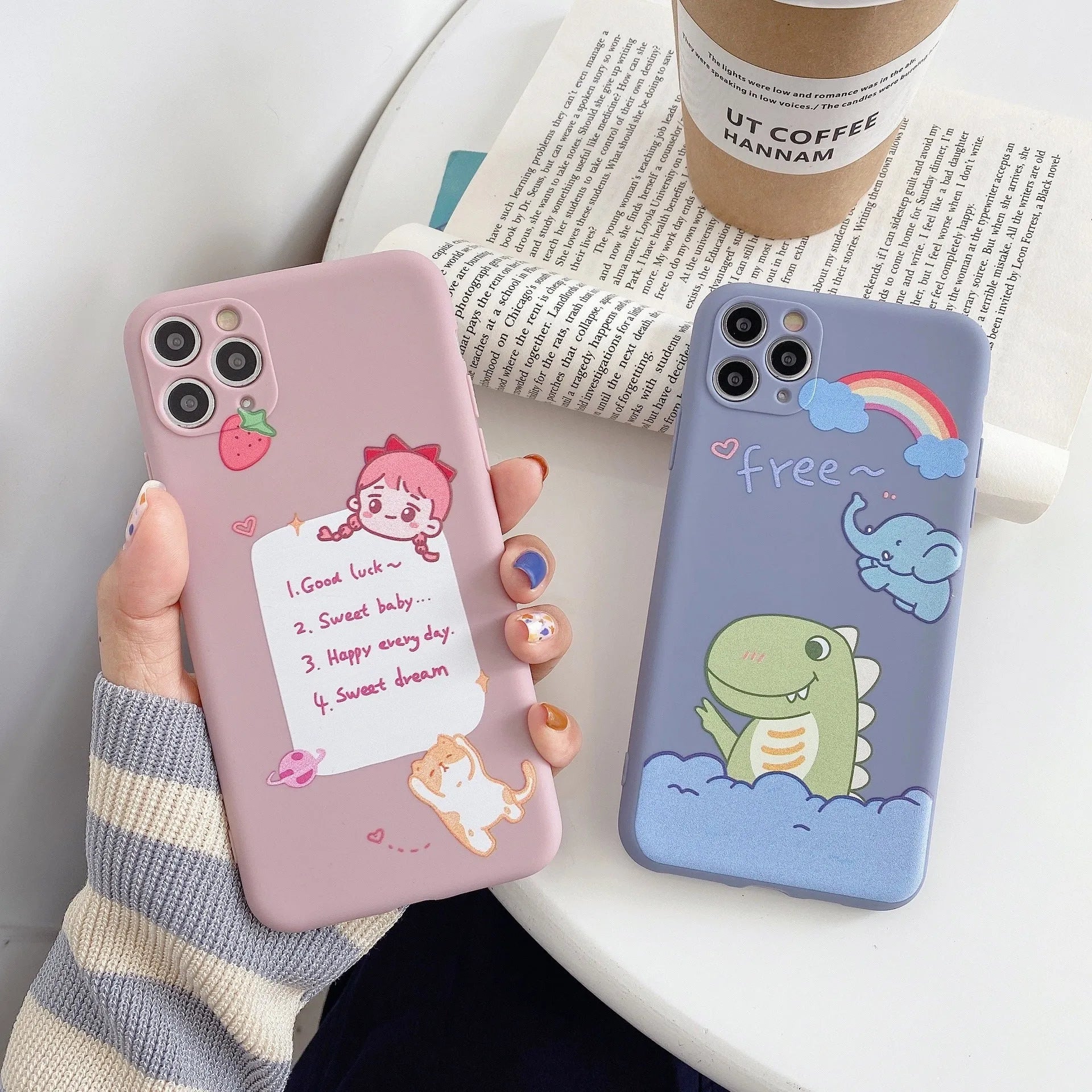 Cartoon dinosaur TPU soft shell phone case for iPhone, frosted back cover in blue