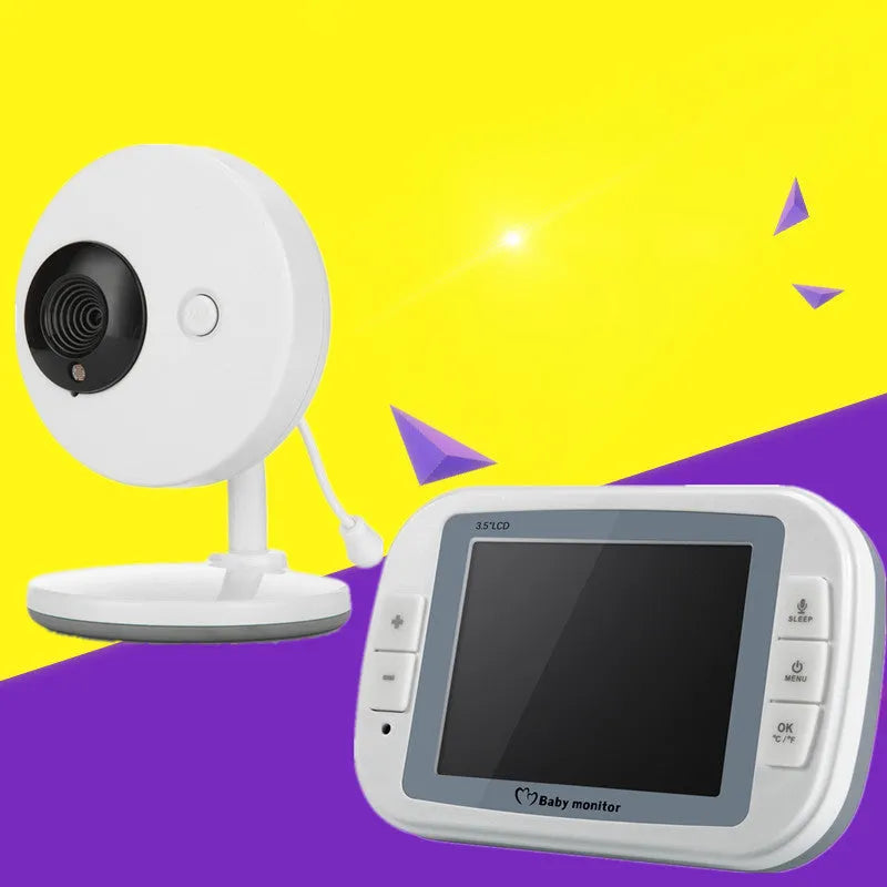 White 3.5 inch digital wireless baby monitor with screen on a table.
