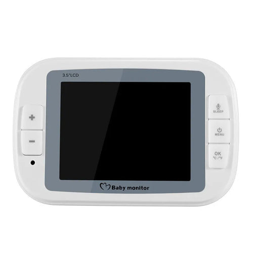 White 3.5 inch digital wireless baby monitor with screen on a table.