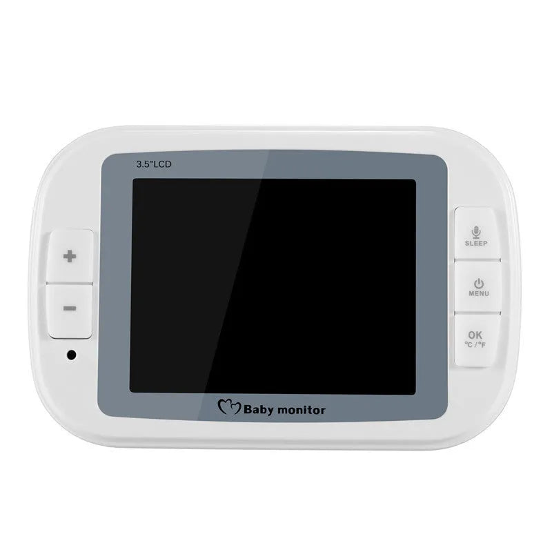 White 3.5 inch digital wireless baby monitor with screen on a table.