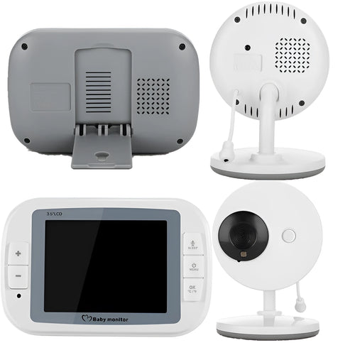 White 3.5 inch digital wireless baby monitor with screen on a table.