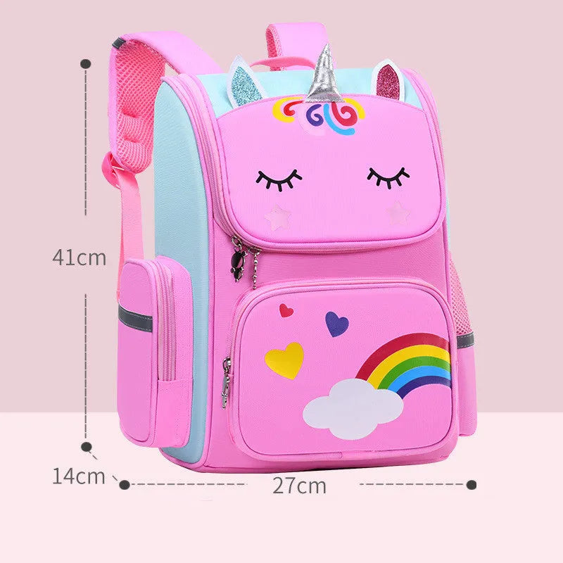 Royal blue polyester primary school backpack for children, shown in small and large size options.