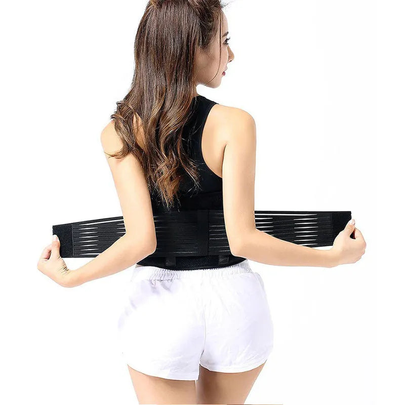 Black self-heating magnetic waist protection belt for lumbar support shown on a size chart.