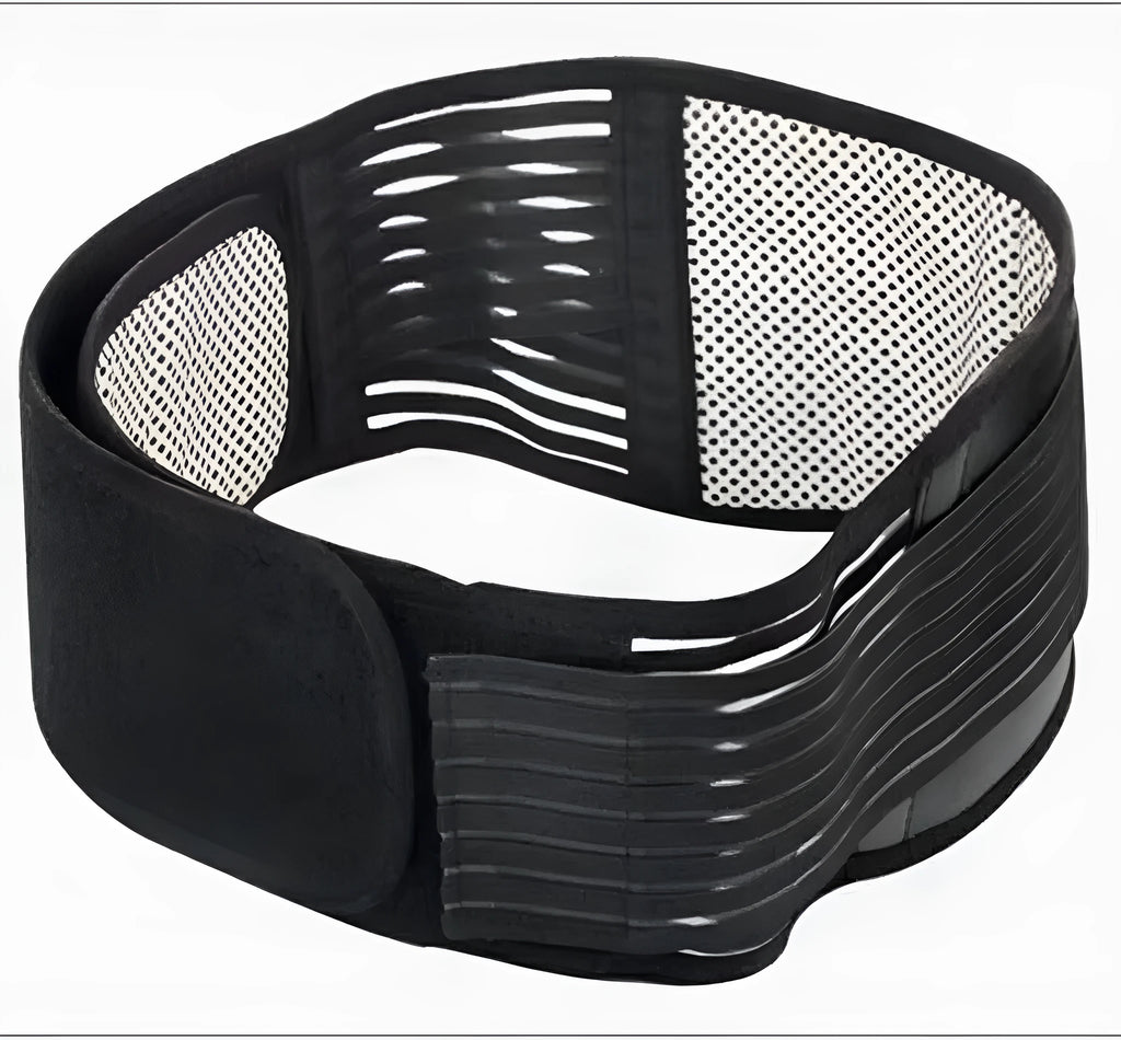 Black self-heating magnetic waist protection belt for lumbar support shown on a size chart.