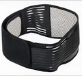 Black self-heating magnetic waist protection belt for lumbar support shown on a size chart.