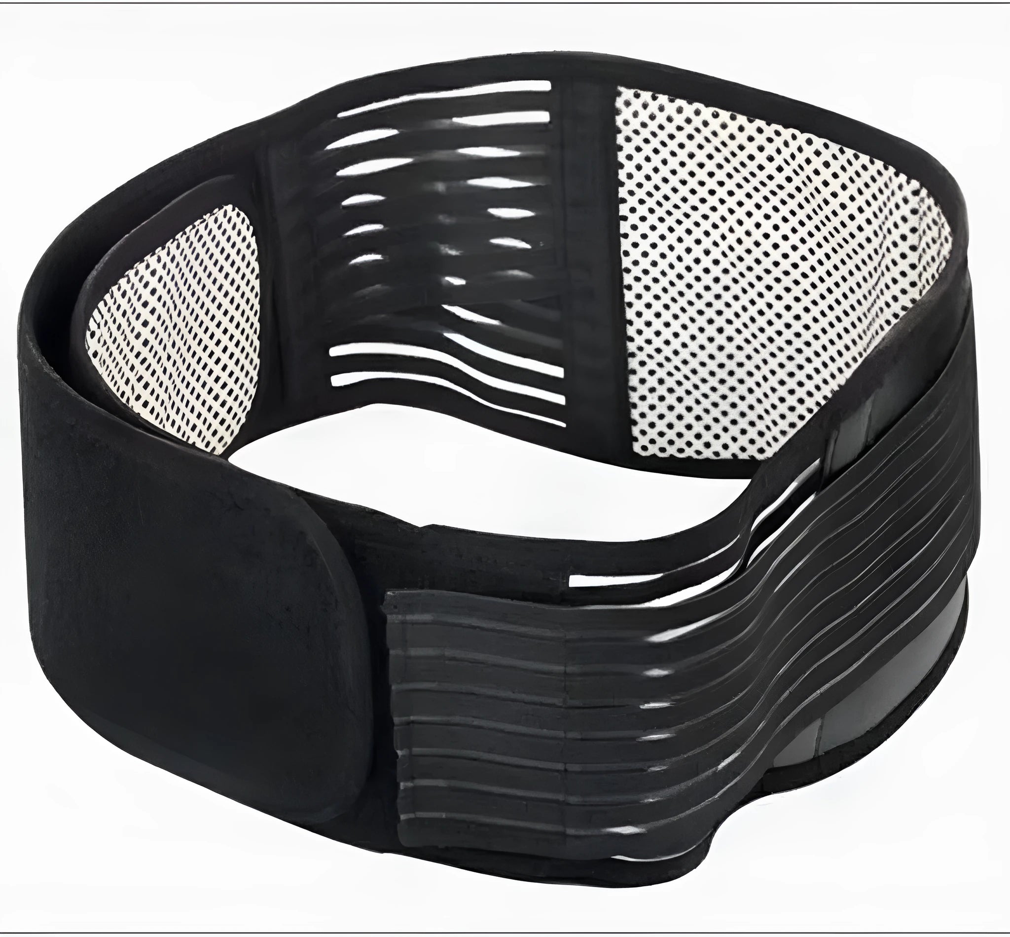 Black self-heating magnetic waist protection belt for lumbar support shown on a size chart.
