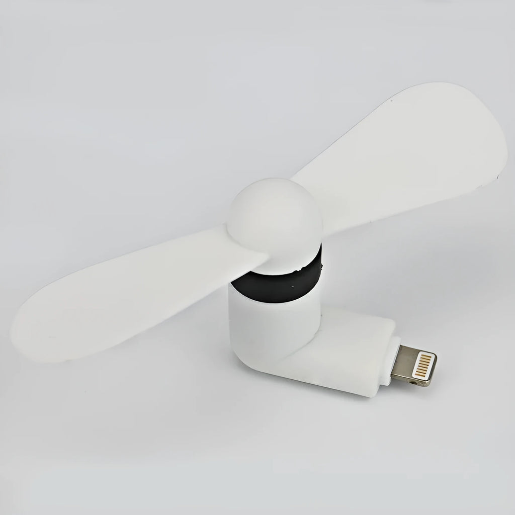 Plastic mobile phone mini fan compatible with Apple and Android in white with rotary switch