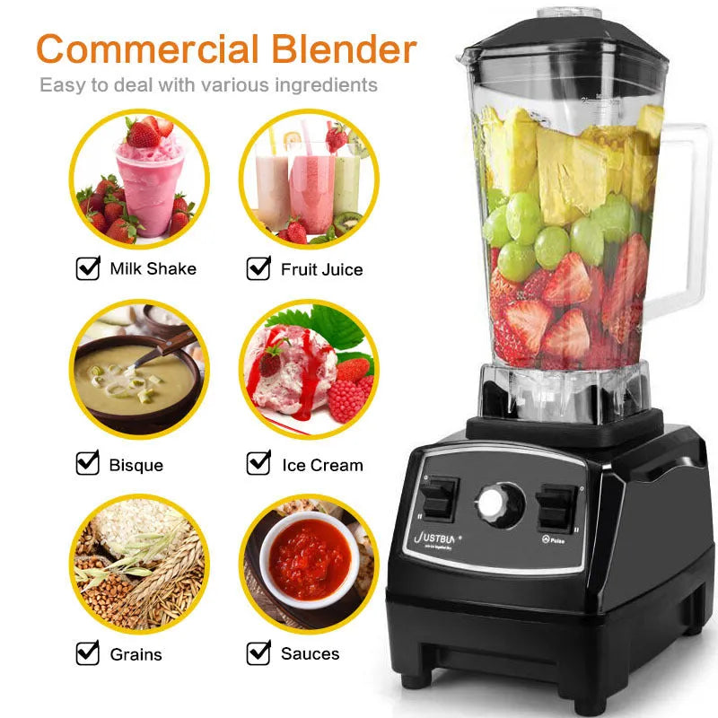 Black 2L blender with 2200W motor and three speed control dial on a kitchen counter
