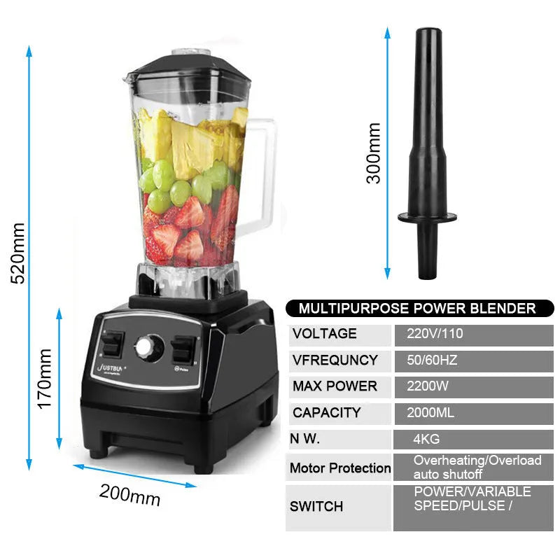 Black 2L blender with 2200W motor and three speed control dial on a kitchen counter