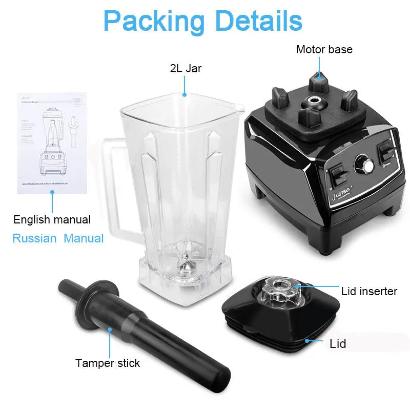 Black 2L blender with 2200W motor and three speed control dial on a kitchen counter