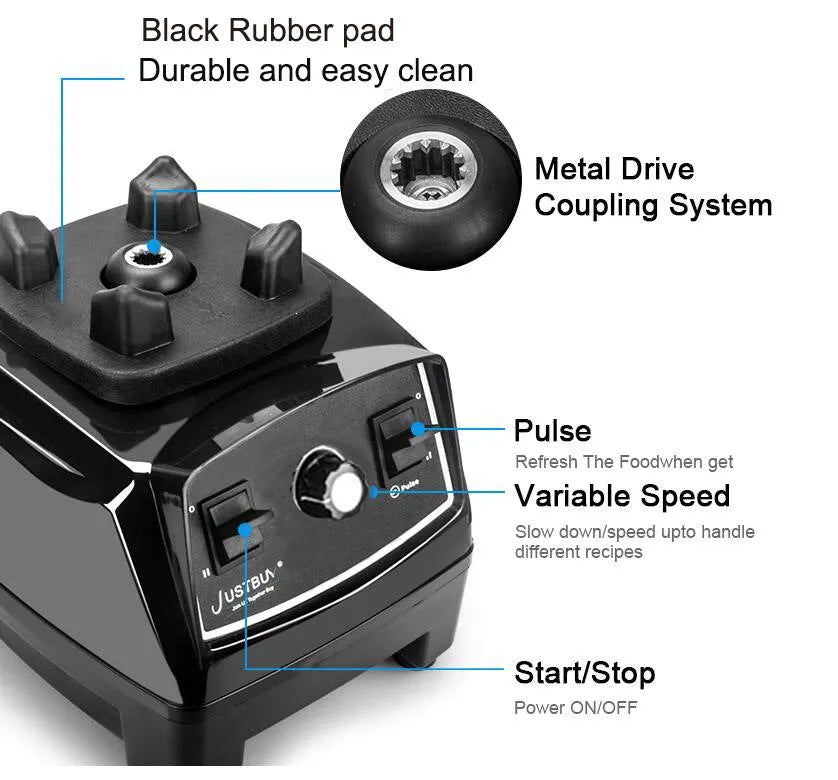 Black 2L blender with 2200W motor and three speed control dial on a kitchen counter