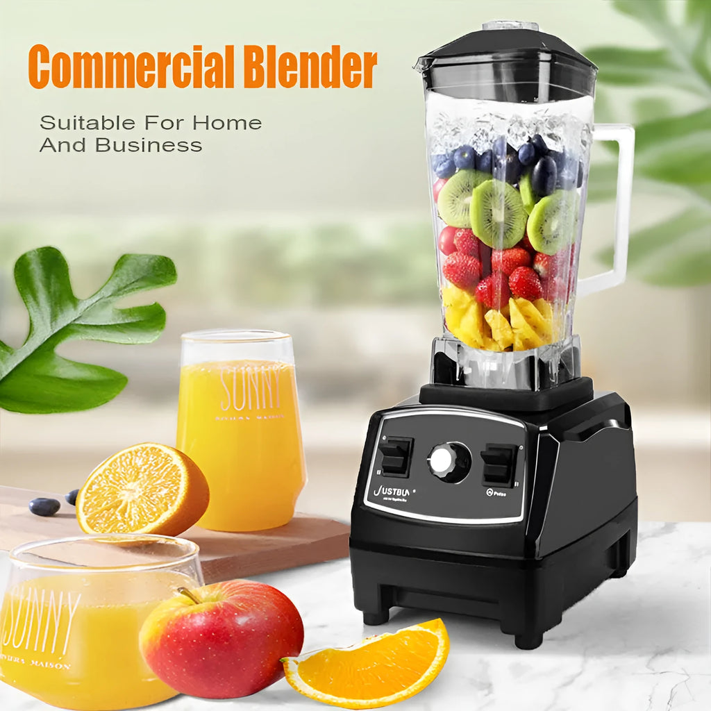 Black 2L blender with 2200W motor and three speed control dial on a kitchen counter
