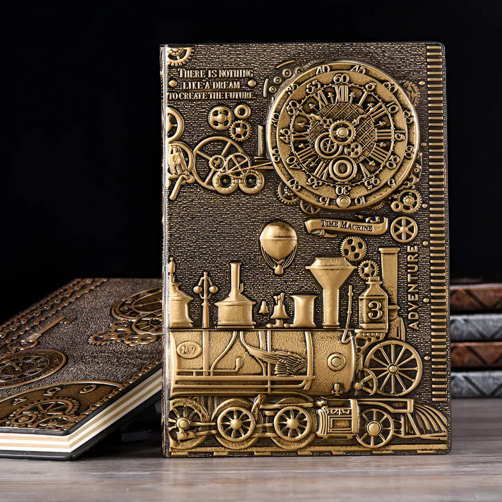 Retro embossed notepad diary in metallic colours showing three-dimensional cover design