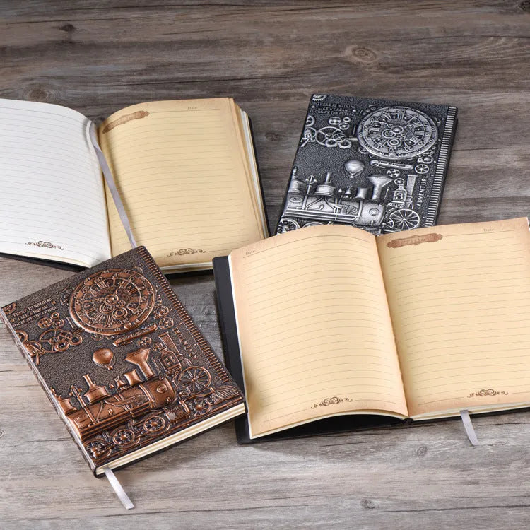 Retro embossed notepad diary in metallic colours showing three-dimensional cover design