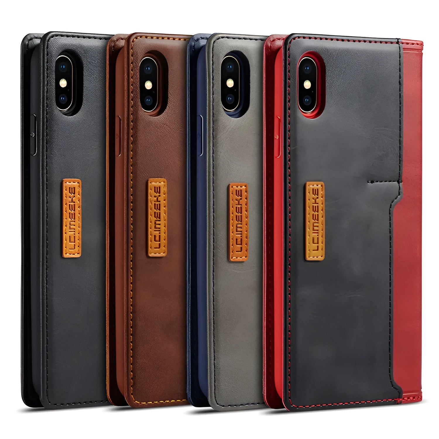 Retro brown leather and PU flip wallet case for iPhone, shown open with cards stored inside.
