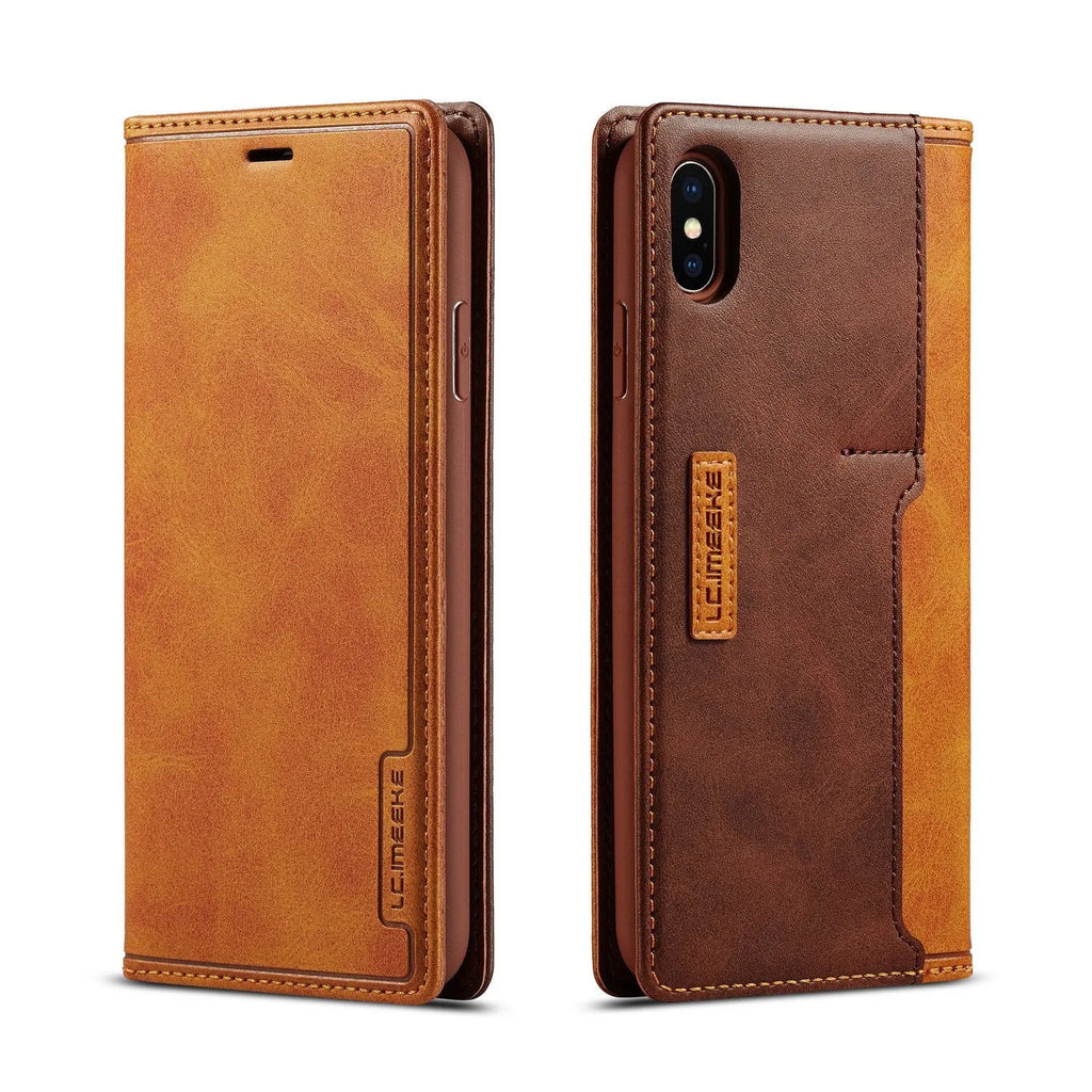 Retro brown leather and PU flip wallet case for iPhone, shown open with cards stored inside.